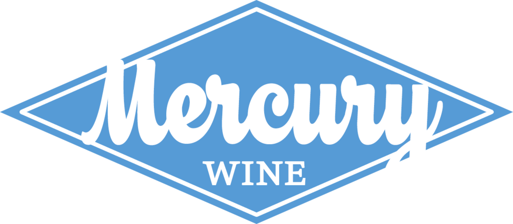 Mercury Wine logo Light Blue Diamond with words. Mercury in script font and Wine in serif font.