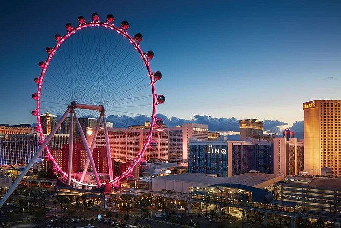 Exterior of the Linq Hotel with a ferris wheel in the front